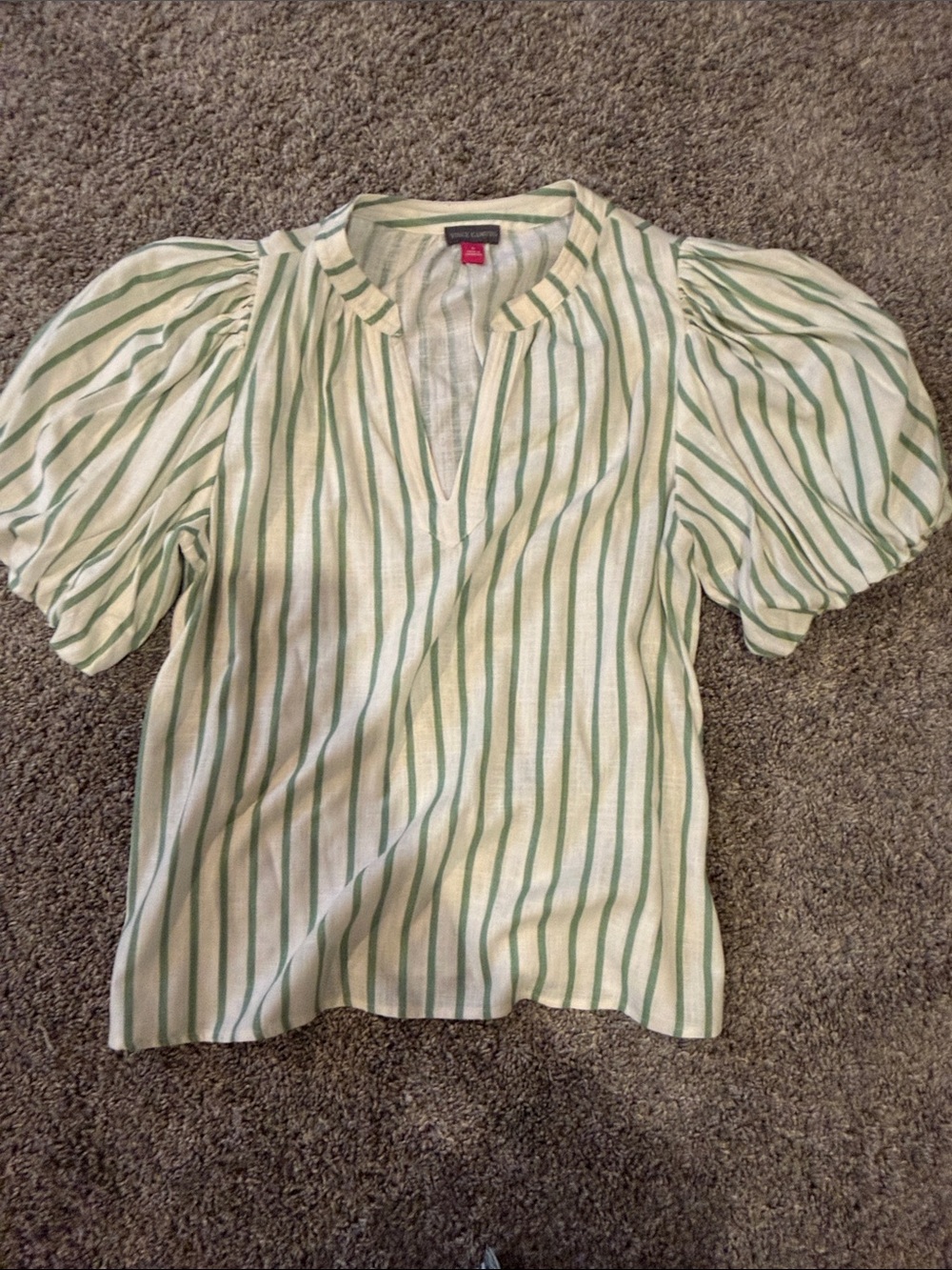 Vince Camuto Cream and Green Striped Puff-Sleeve Blouse